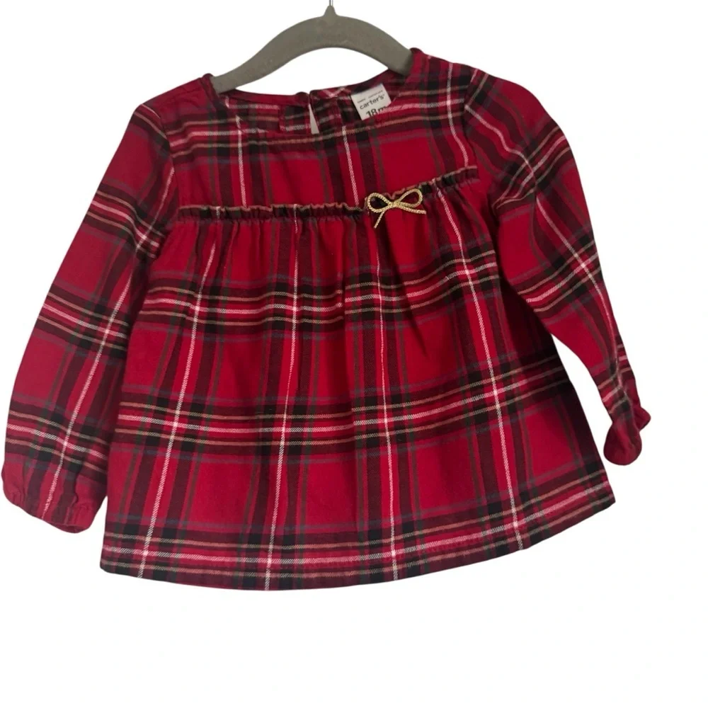 Carter's Red Tartan Plaid Girl’s Blouse with Smocked Yoke & Gold Bow Size 18 mos